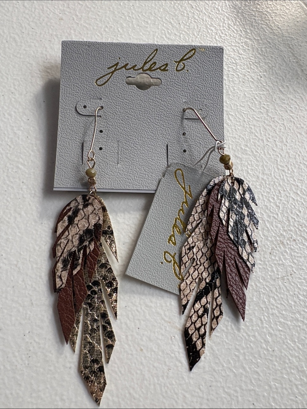 Tan & Brown Layered Feather Leather Earrings